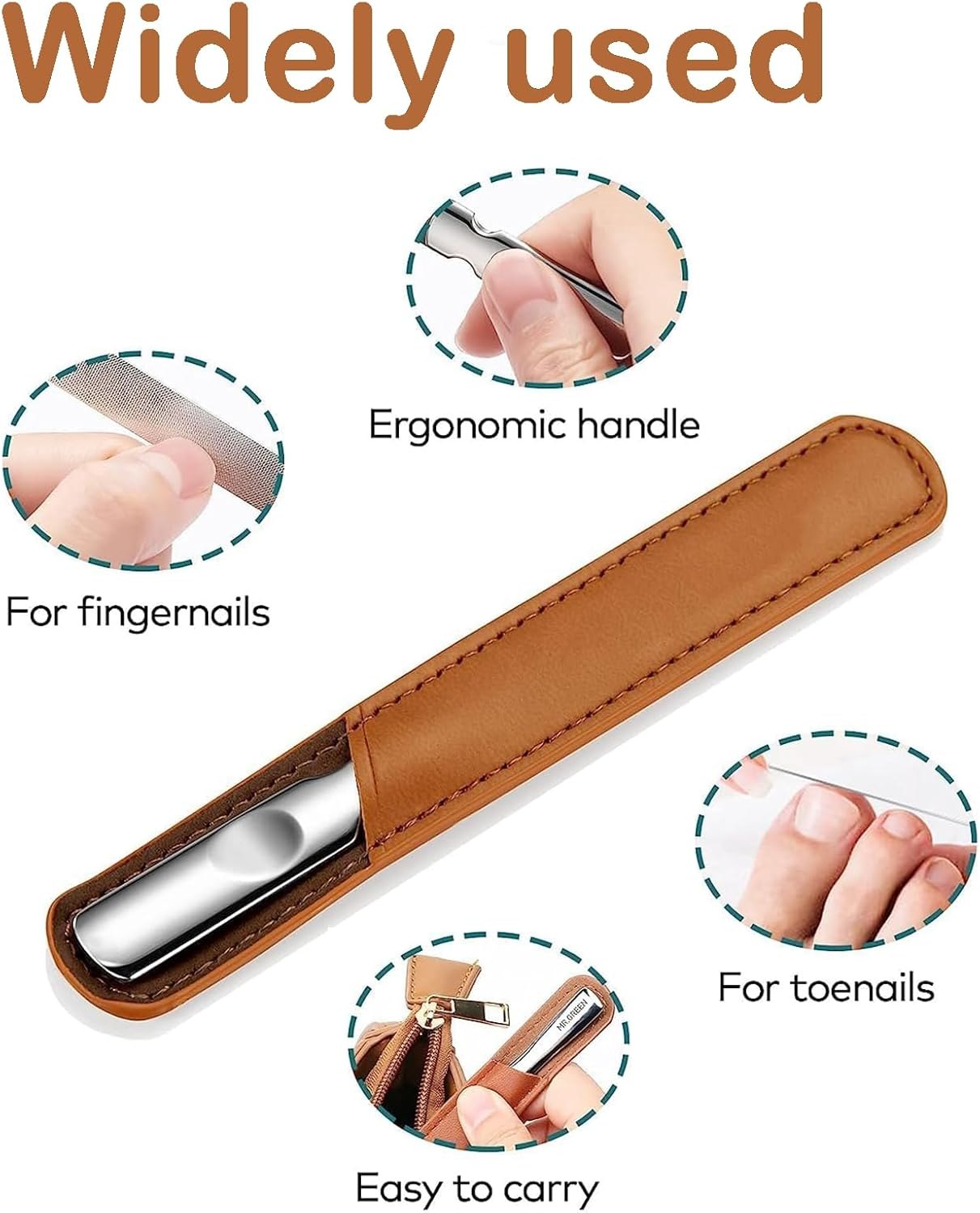 Zvorgath Stainless Steel Double Sided Nail File with anti - Slip Handle and Travel Leather Case for Men and Women, Great for Home, Salon or Travel Use image number 4