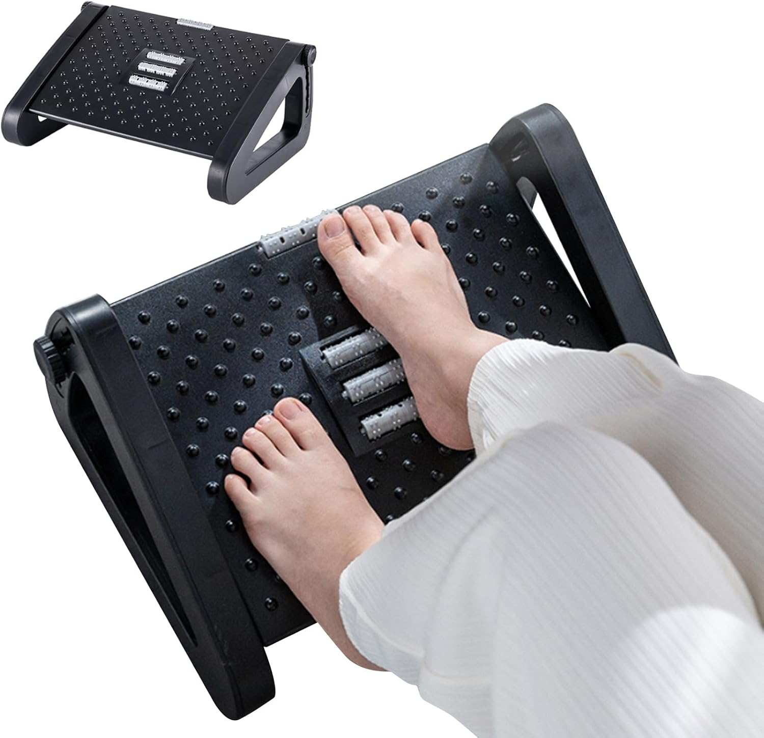 Foot Rest under Desk, 6 Height Adjustable Ergonomic Foot Stool with Manual Massage Rollers for Pressure Relief and Posture Support, Portable and Comfortable Leg Rest under Desk for Office Home and Gaming