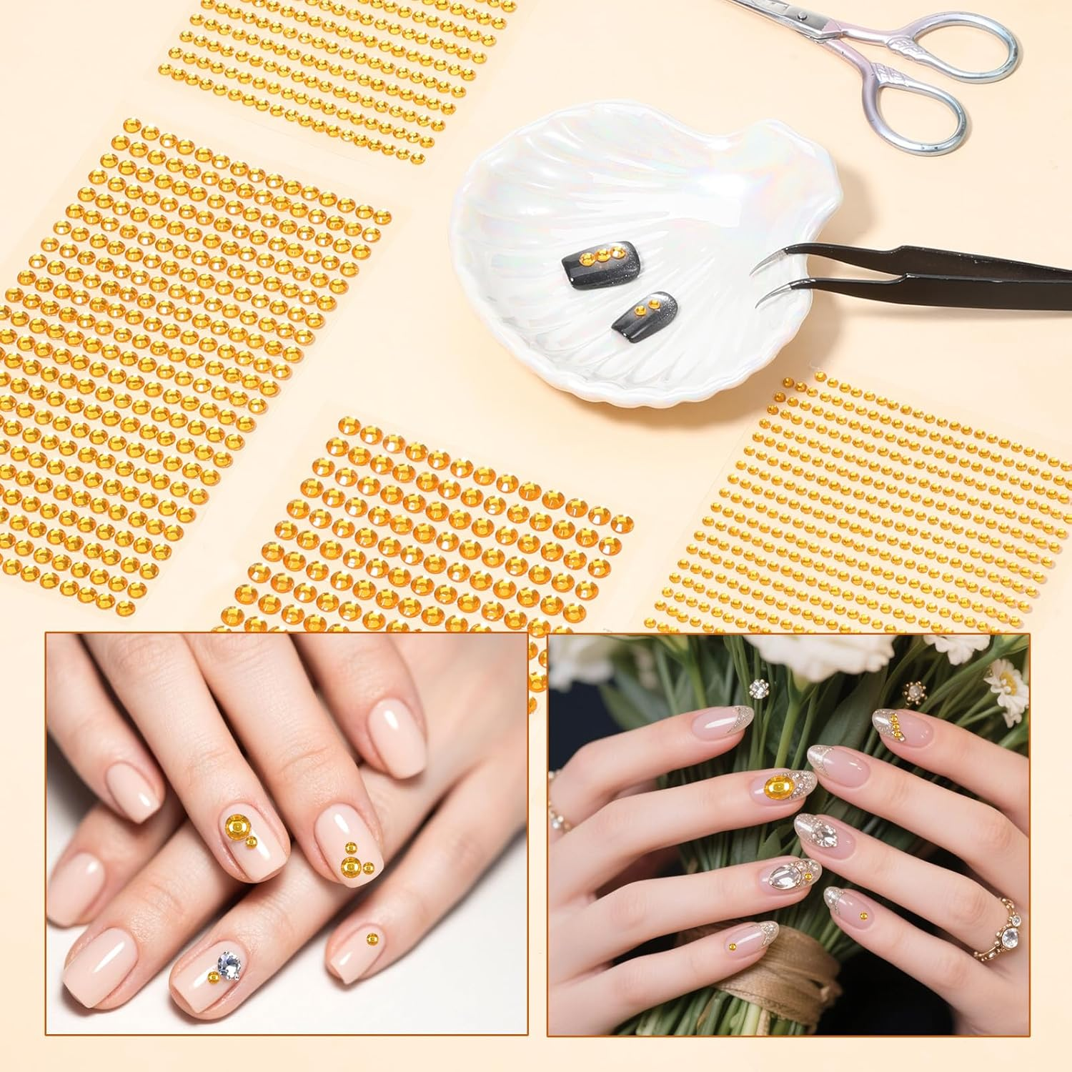 Piriuuo 4 Sheets/1792 Pieces Glitter Stones Self-Adhesive Gemstones Stickers round Acrylic Rhinestones Glitter Stones Face Gemstones for Face, Body, Nails and DIY Crafts, Golden Yellow image number 4