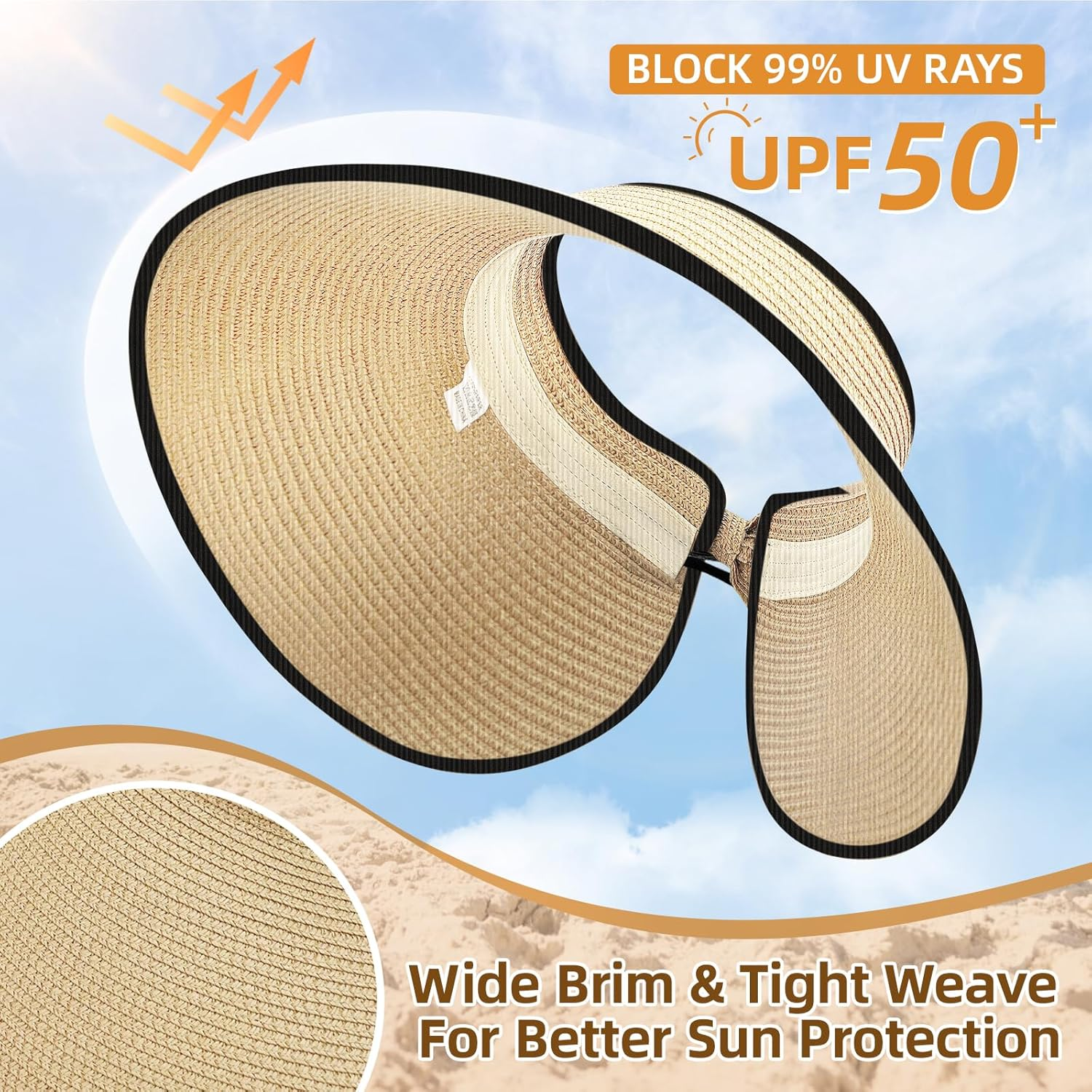 XMMAXFLOW Sun Hats for Women Beach Hats Wide Brim Straw Sun Visors Ponytail Hat Summer Packable Foldable Travel image number 6