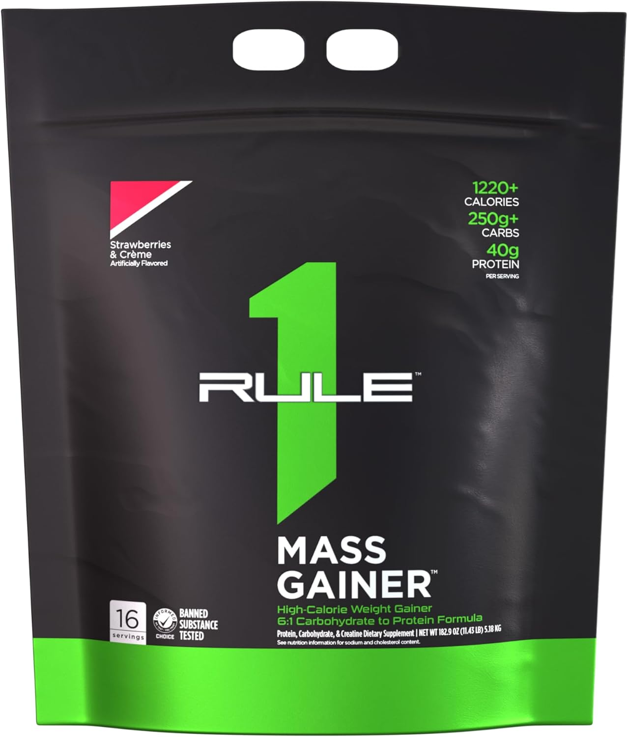Rule 1 Mass Gainer High Calorie Weight Gainer Supplement 5.18 Kg, Strawberris & Cr&egrave;me (16 Servings)