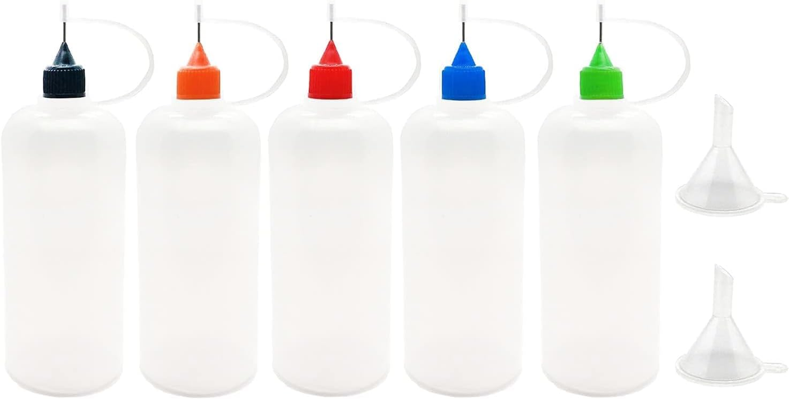 5 Pcs Needle Tip Bottle,4 Ounce Precision Glue Applicator Bottlesfor with 2 Mini Funnels for Crafts, Art, Resin, Slime, Diy(Multicolor Lids) image number 3