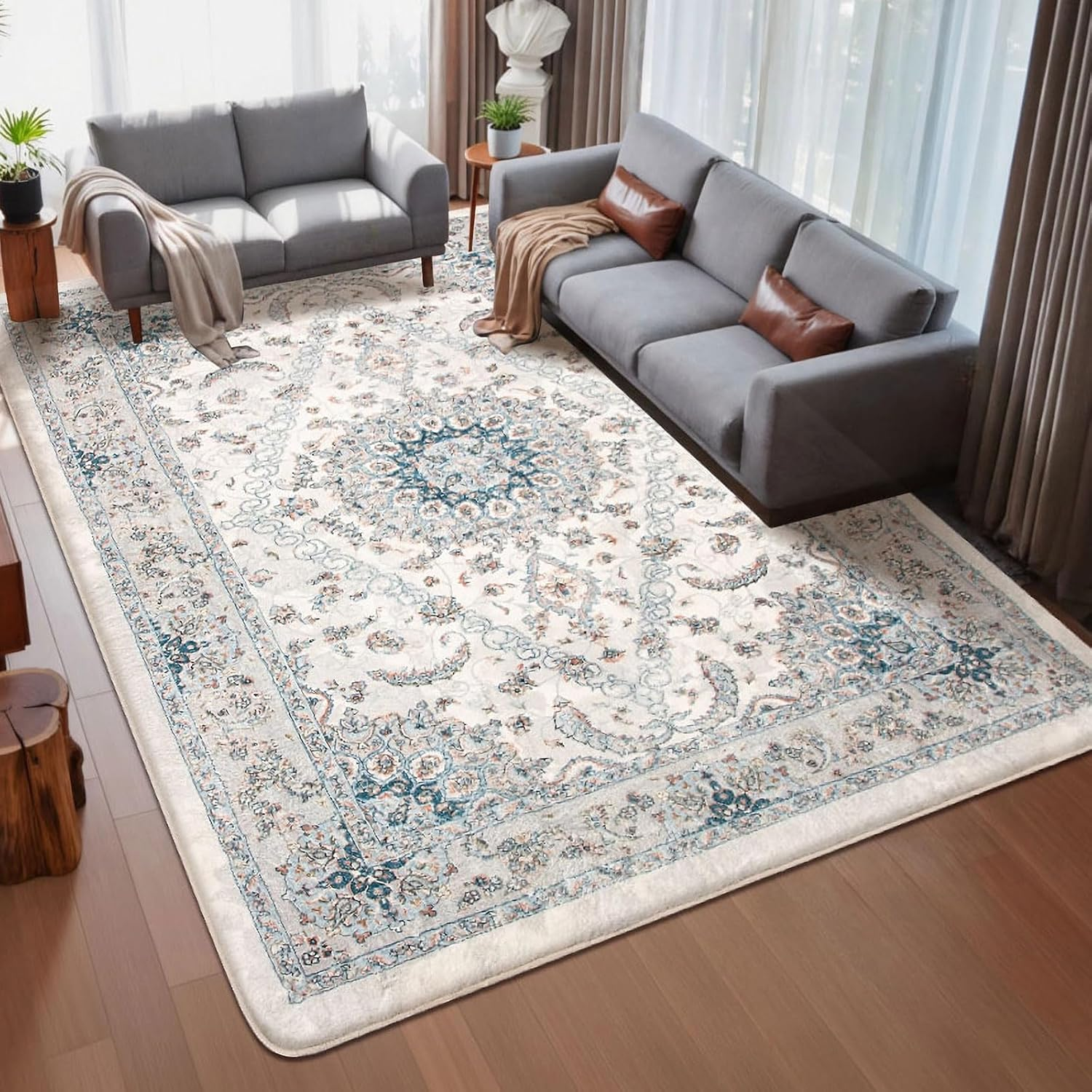Leesentec Vintage Area Rugs for Living Room Soft Non-Slip Persian Rug Retro Floral Accent Carpet Extra Large Rugs for Bedroom/Dining/Office/Nursery Boho Home Decor (Blue/Grey/Beige，200 X 300Cm)