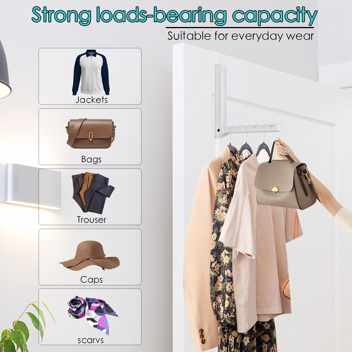 Over the Door Hooks Hanger,Foldable over Door Drying Laundry Rack Hooks for Hanging Clothes with 6 Groves over Door Towel Racks for Clothes,Coat, behind Back Bathroom, Bag and Robe 2 PCS (White) image number 3