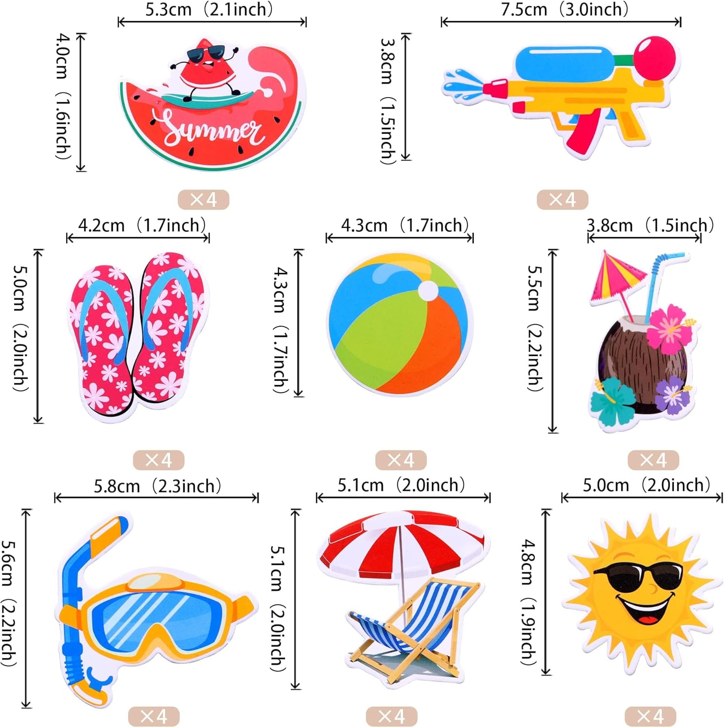 SYKYCTCY 32 Pack Summer Beach Pool Cupcake Toppers Ball Sun Umbrella Diving Goggles Watermelon Water Gun Slippers Cupcake Picks Baby Shower Hawaii Beach Pool Theme Birthday Party Cake Supplies
