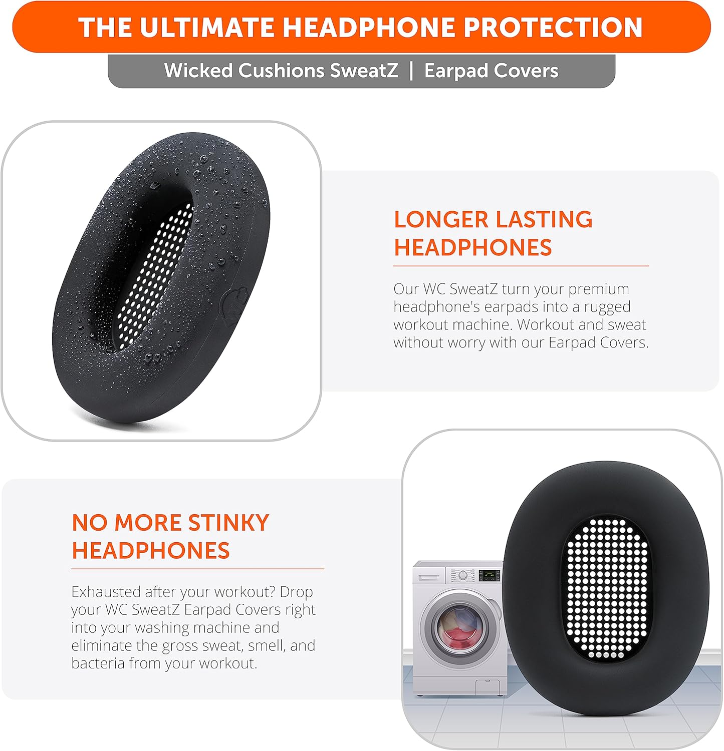 WC Sweatz XM5 - Patented Earpad Sweat Covers for Sony WH1000XM5 by Wicked Cushions | Full 360 Earpad Protection | Sweatproof & Easily Washable | Black - Black image number 3