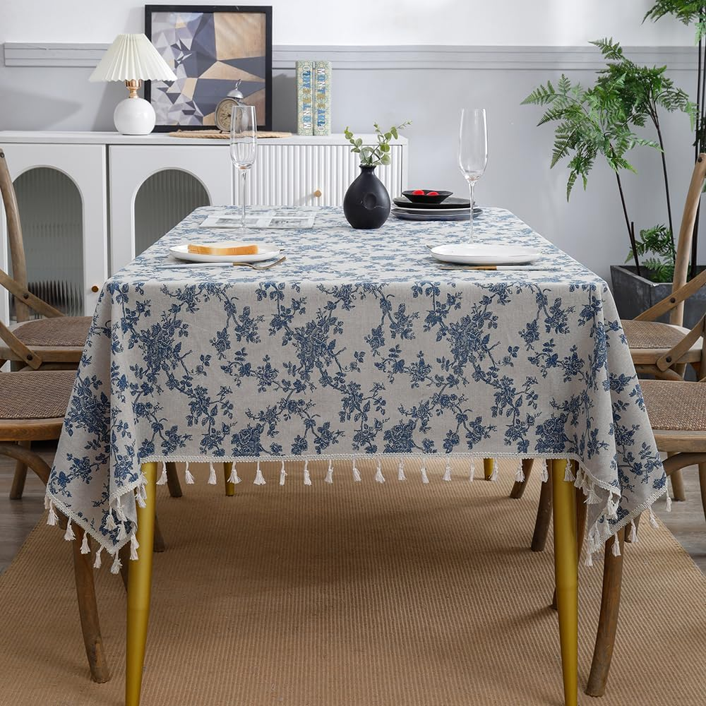 Anaado Cotton Linen Square Table Cloth for Dining Table, Table Cover 4 Seater, Vintage Blue Floral, 55''X55'' image number 4