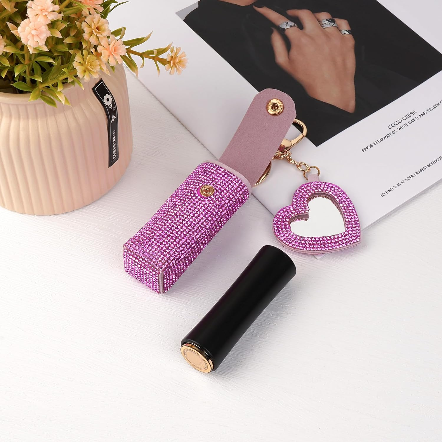 Biiange Lipstick Organizer Keychain, Rhinestone Lipstick Case with Mirror, Lip Balm Case, Lipstick Leather Holder Lip Gloss Bag for Outdoor, Party, Gathering, Home Storage, Rose Red