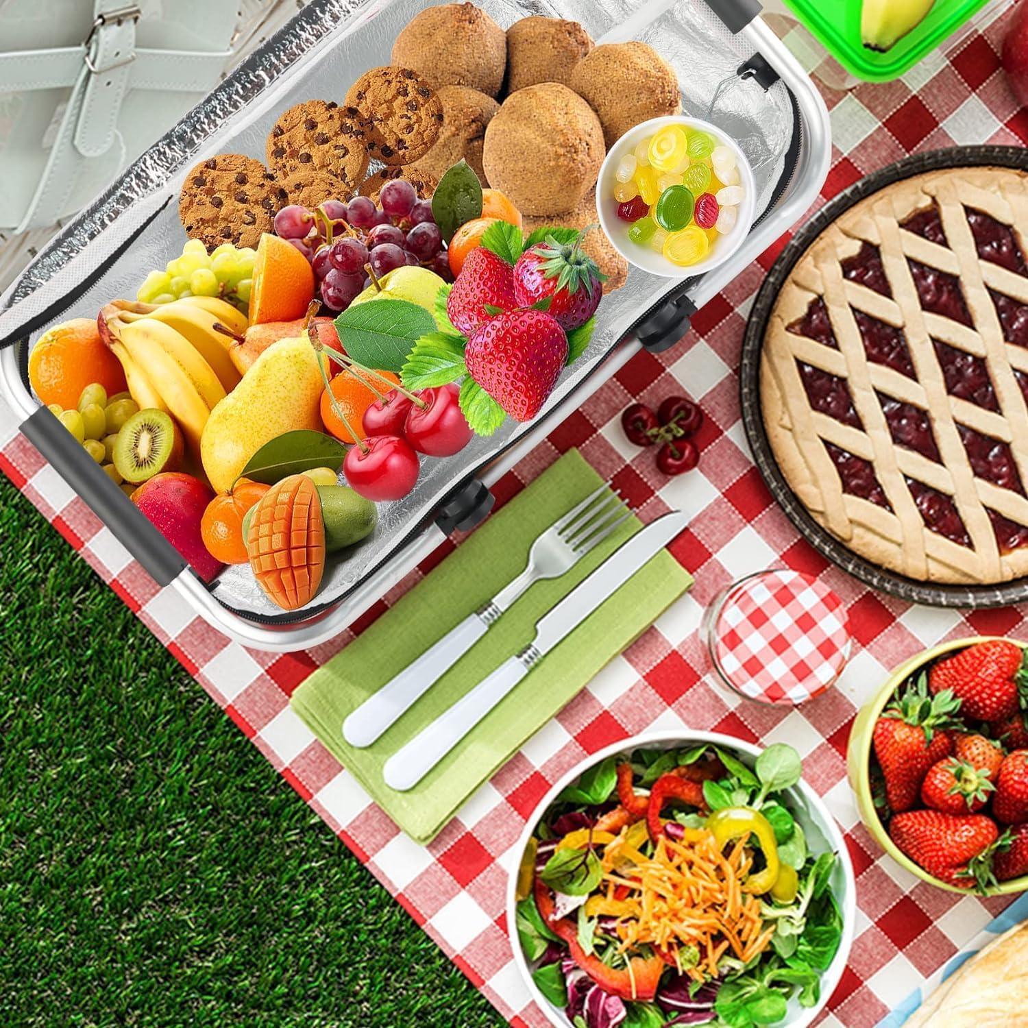 Insulated Cooler Bag-Folding Picnic Basket with Handle，Waterproof Lining - Collapsible Designfor Camping, Trips, Shopping, Outdoor Activities (Red) image number 4