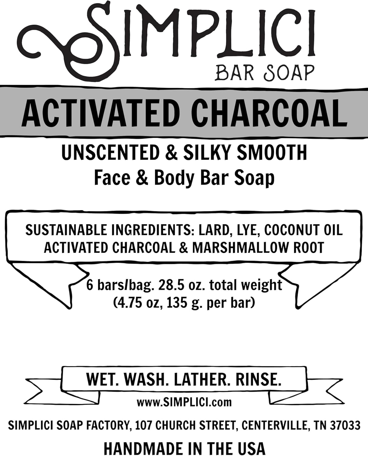 Simplici Activated Charcoal Unscented Bar Soap. Bulk 6 Pack. Palm Oil Free. with 15% Coconut Oil. image number 2