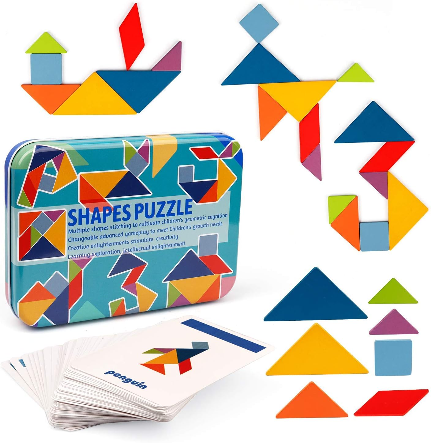 Vanmor Wooden Tangrams Sets Pattern Blocks, Shape Card Brain Teaser Puzzles Educational Toy, Travel Games for Kids Ages 4-8 Road Trip Essentials image number 3