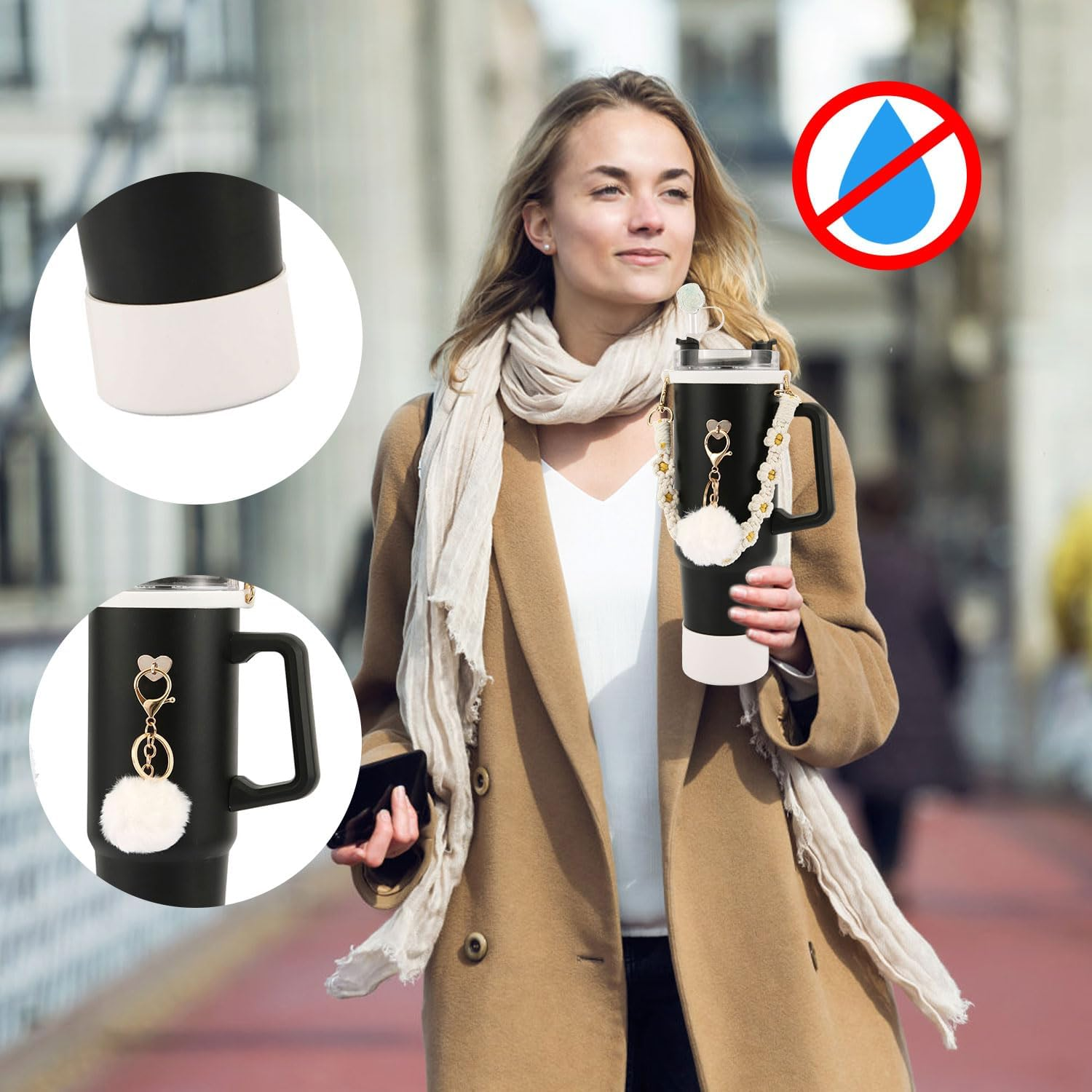 Mug Accessories Set for Stanley, Included Water Bottle Handle Strap Silicone Boot Straw Lid Keychain for Stanley Cup 40Oz 30Oz Tumbler - White image number 6