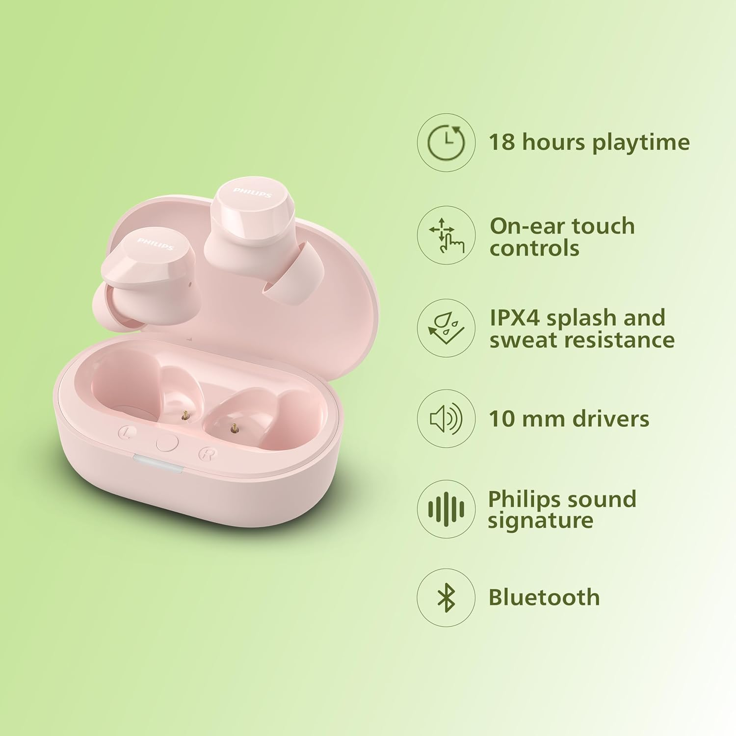 Philips TAT1209PK Wireless Bluetooth Earbuds - Small Earbuds, Great Value, Natural Sound with Dynamic Bass, Clear Calls and Pocket Size Charging Case - Pink - White image number 4