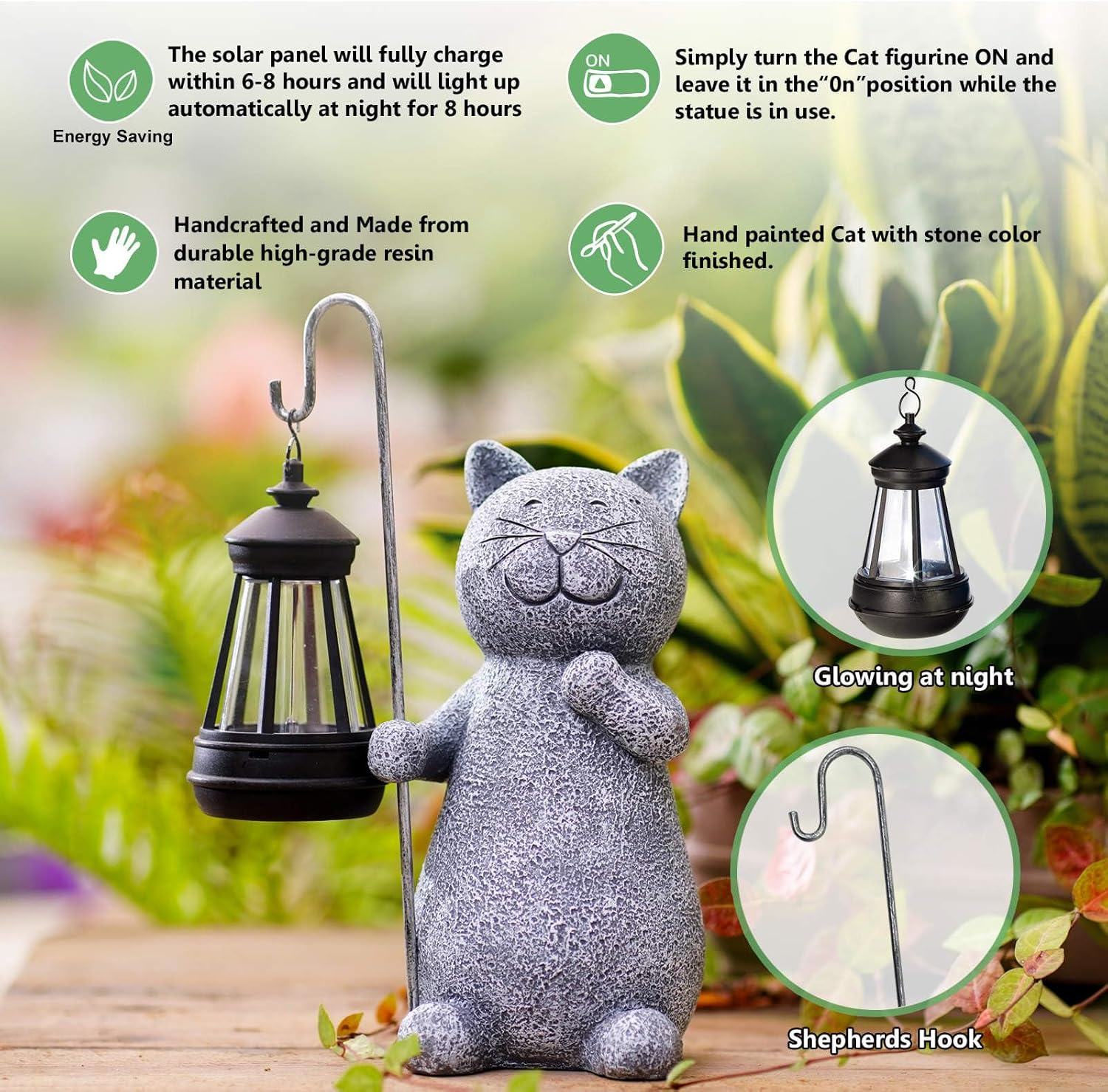 Tanner & Co Cat Solar Statue Garden Decor &ndash; Cat Gifts for Cat Lovers - Garden Ornaments Outdoor - Cat Decor Outdoor Statues -Cat Garden Figurines - Garden Solar Light Statue
