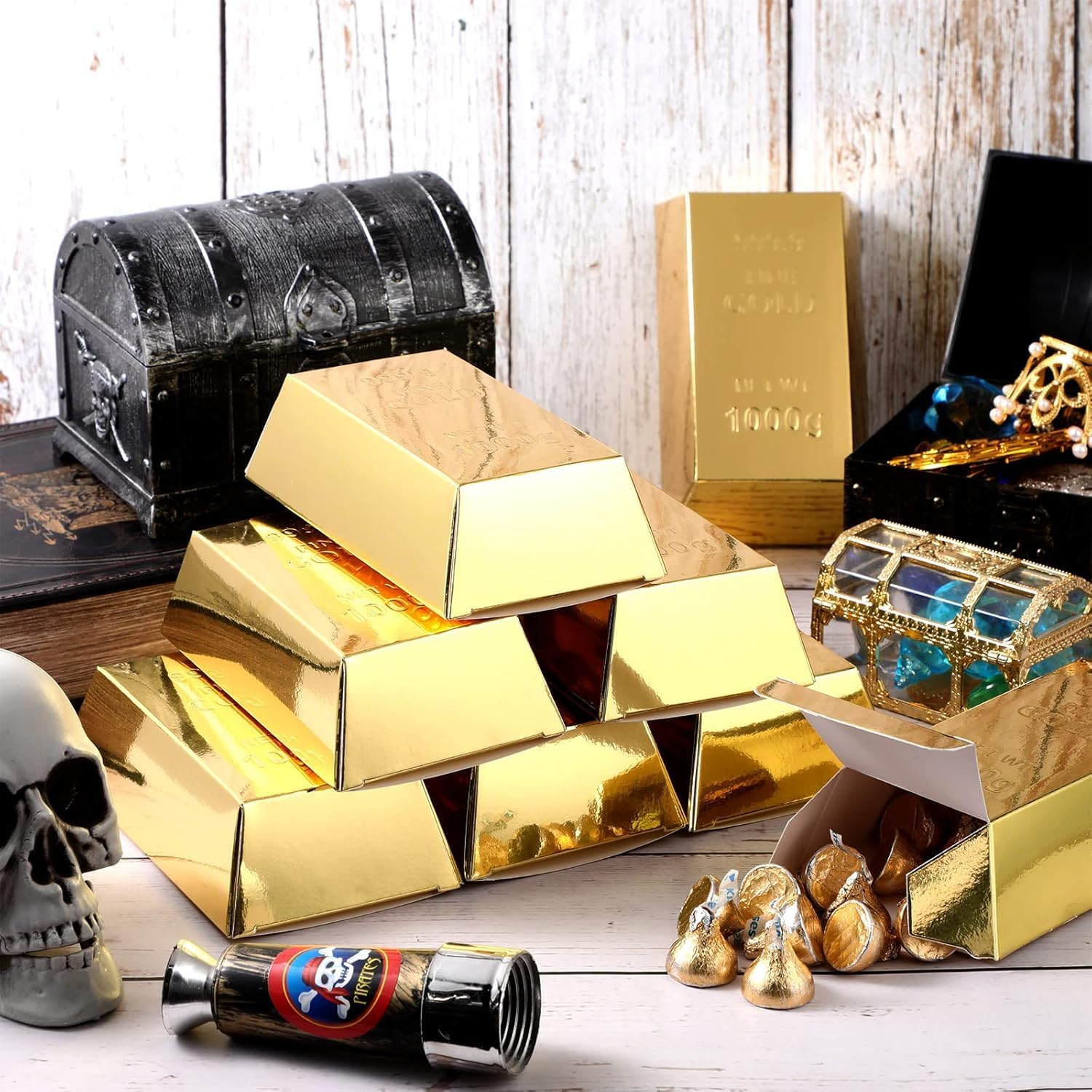 Gold Bar Fake Gift Box Foil Gold Bar Party Favor Boxes Paper Golden Favor Boxes Treasure Brick for Pirate Casino Theme Party Decorations Candy Treats Chocolate Toys（24 Pcs） image number 4