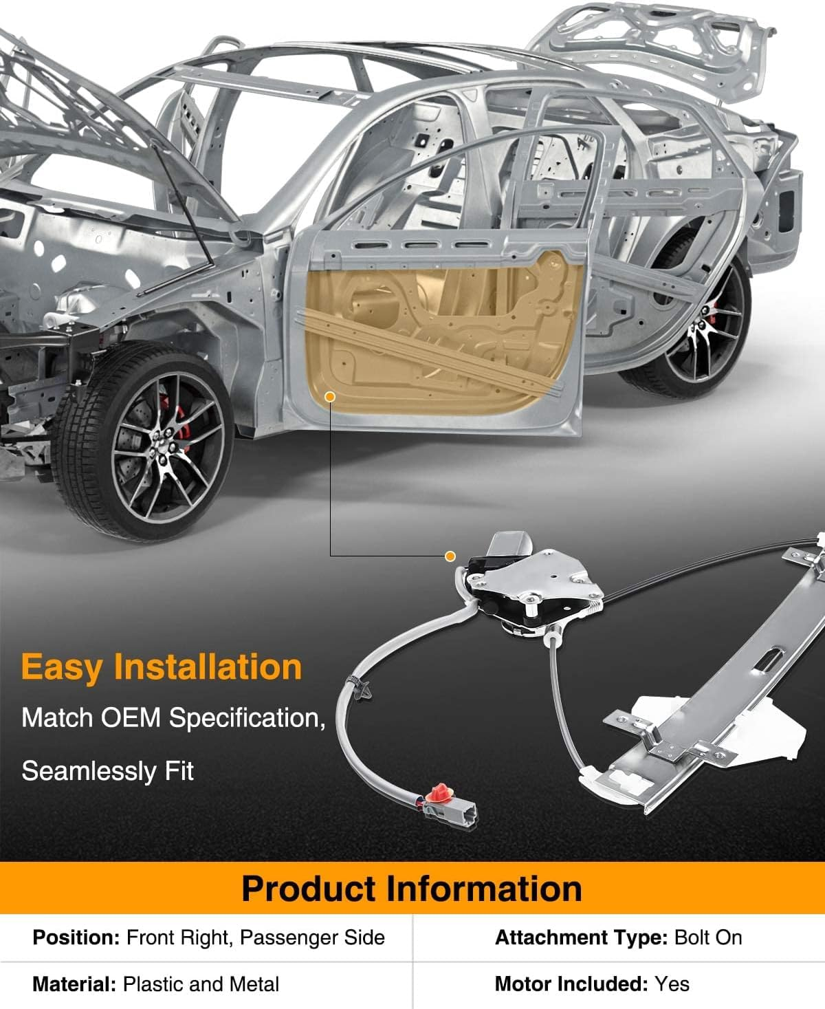 A-Premium Power Window Regulator with Motor Compatible with Acura RSX 2002-2006 Coupe Only Front Right Side image number 2