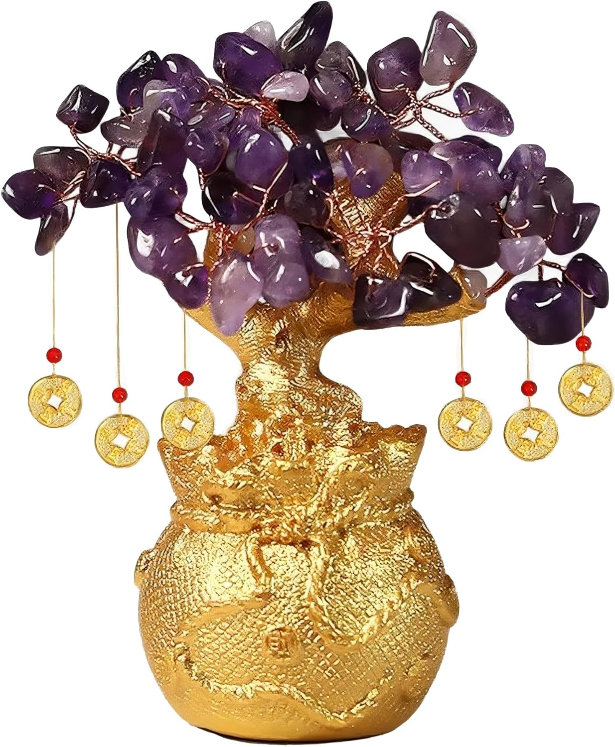 Green Aventurine Money Tree &ndash; Feng Shui Wealth Prosperity Golden Bag Bonsai Lucky Gemstone Home Office Decor (14Cm Height)
