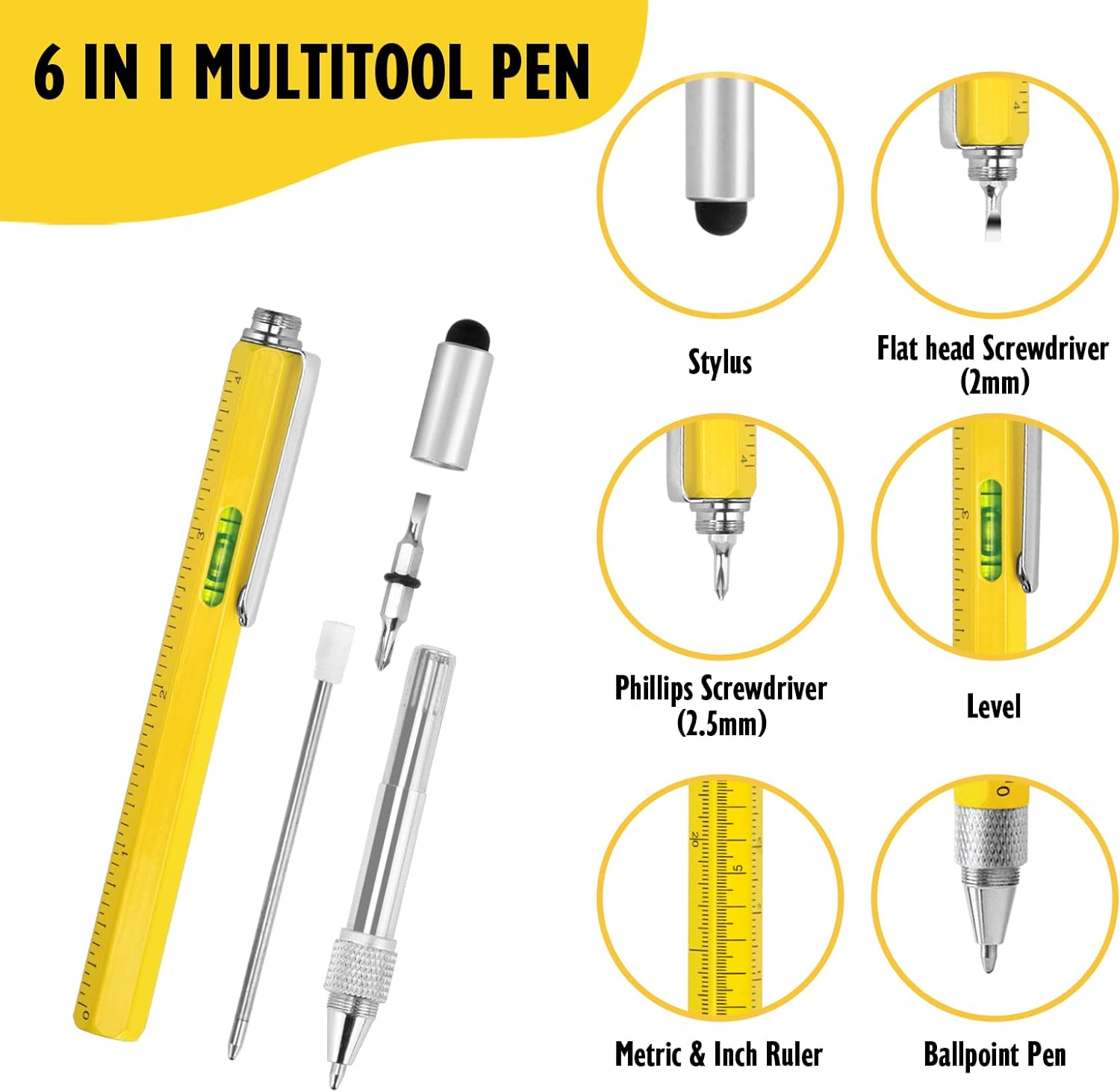 Cool Pen Gifts for Men, Cutier 6-In-1 Multi Tool Tech Pen Gadgets Tools for Men, Personalized or Him, Funny Christmas, Father'S Day Valentines or Birthdays Gifts (Yellow) - Black image number 4