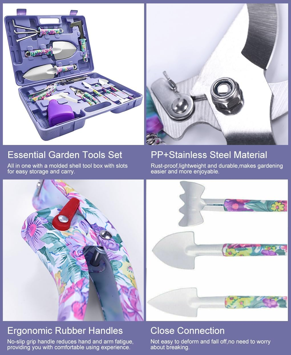 Springup Garden Tools Set, 10 Pieces Gardening Gifts Stainless Steel with Storage Case with Garden Trowel Pruners, Rake, Shovel, Trowel, Sprayer, and More -Garden Gifts for Men & Women (Purple) image number 5