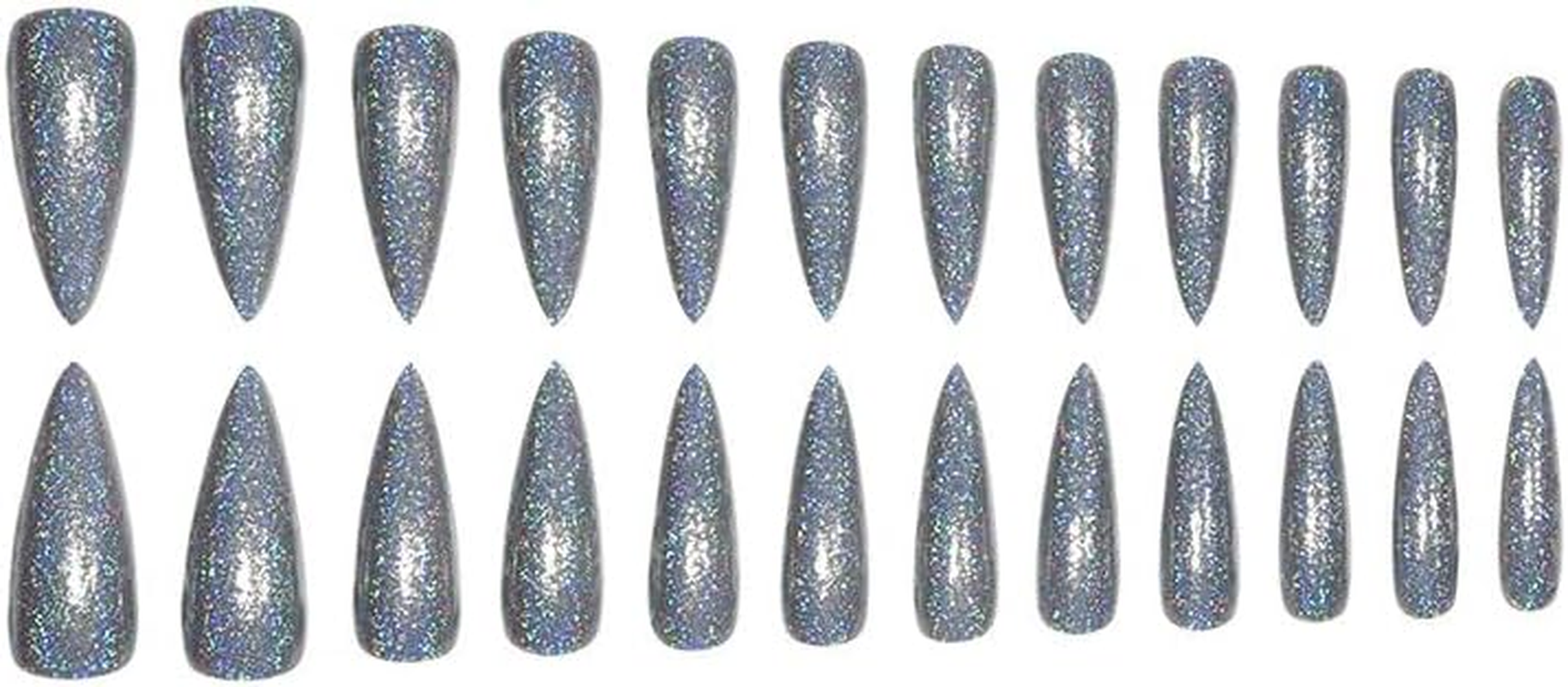 Press on Nails 24Pcs French Tip False Nails Long Almond Full Cover Acrylic Nails Laser Glitter for Women Girls Salon Home DIY Detachable Nail Art Deco Silver