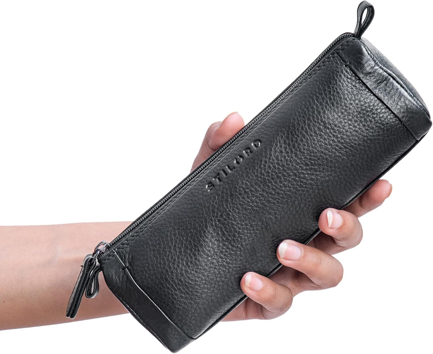 STILORD 'Freddie' Pencil Case Leather Writing Case 2 Compartments Vintage Pencil Case Large Pencil Case for Ruler Pens Brush Made of Genuine Leather, Black, M image number 1