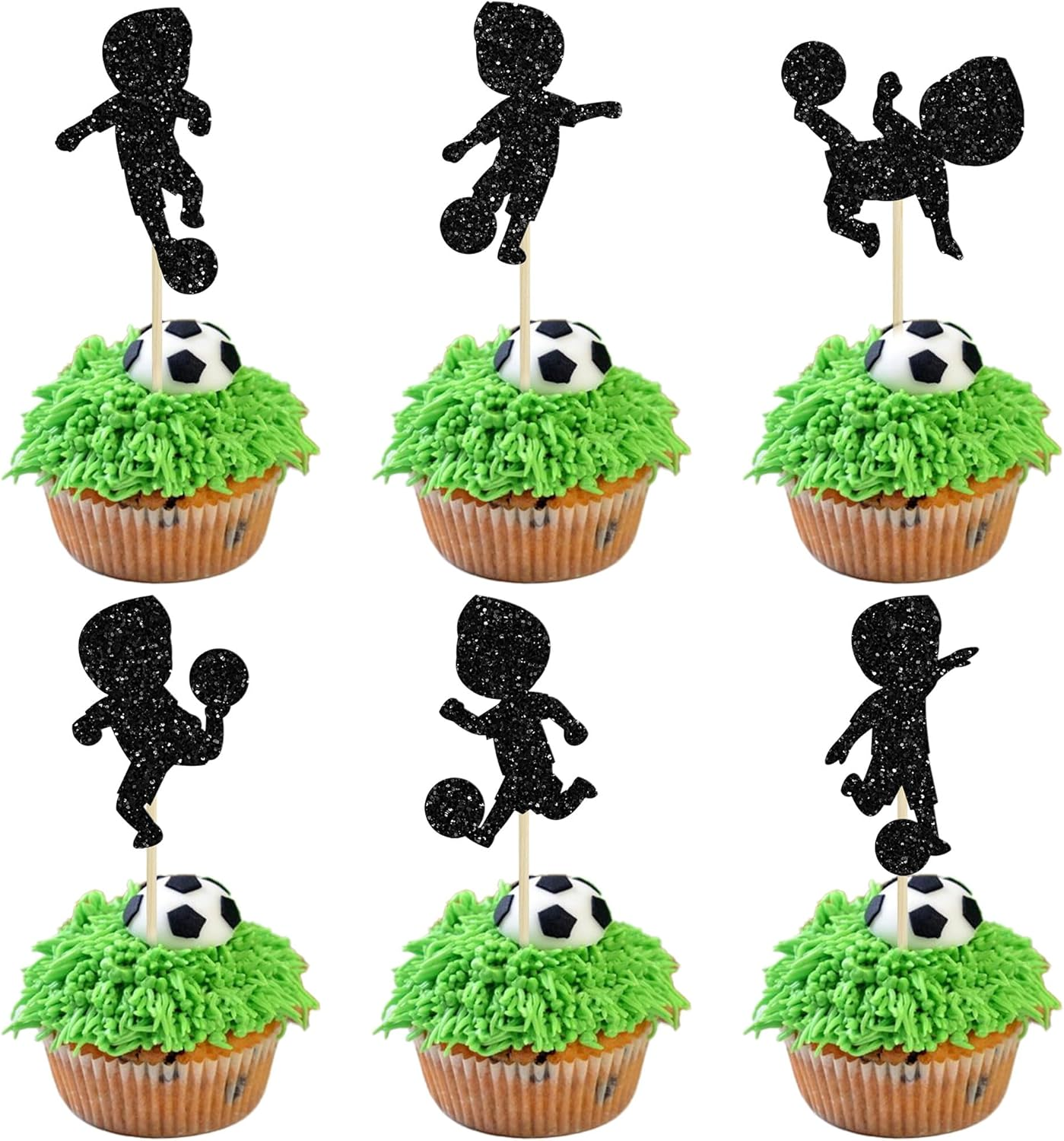 24Pcs Soccer Cupcake Toppers Glitter Soccer Ball Cupcake Picks Sport Cake Decorations Football Theme Birthday Party Baby Shower Kids Boys Men Birthday Party Favors Supplies Black