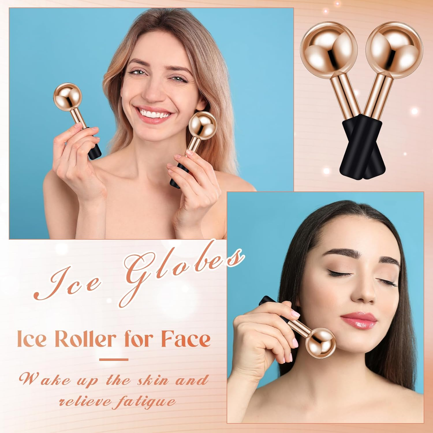 Baderke 2 Pcs Ice Globes for Facials Stainless Steel Cooling Globes Unbreakable Cooling Roller for Women Ice Balls Cryo Sticks for Face Skin Care for Dark Circles, Puffiness (Rose Gold (Black Handle)) image number 6