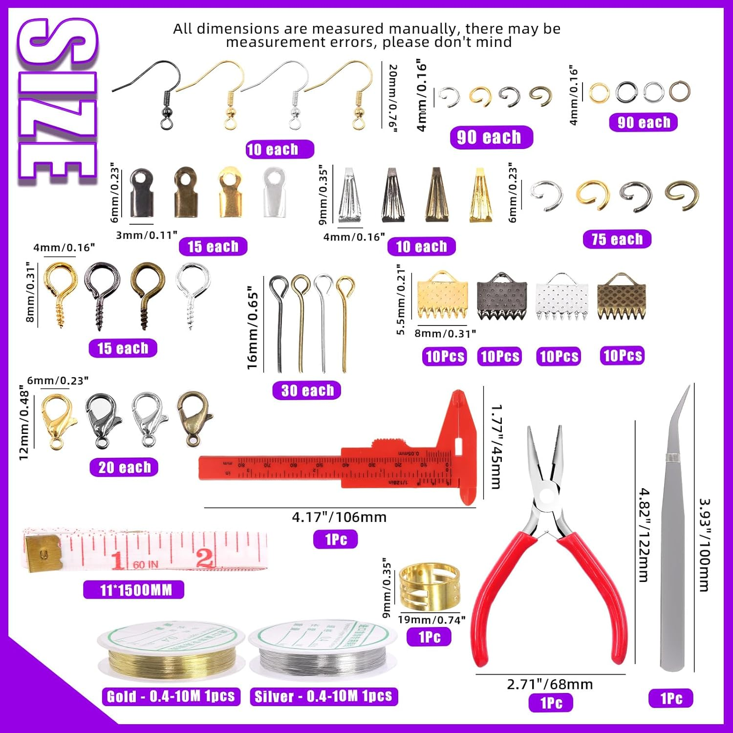 Swpeet 1468Pcs Jewelry Making Supplies Kit with Jewelry Making Tools, 2 Colors Jewelry Wires and Jewelry Pliers, 40 Styles Jewelry Findings, with Plastic Caliper, Thimble Ring, Awl Tweezers Scissors image number 4