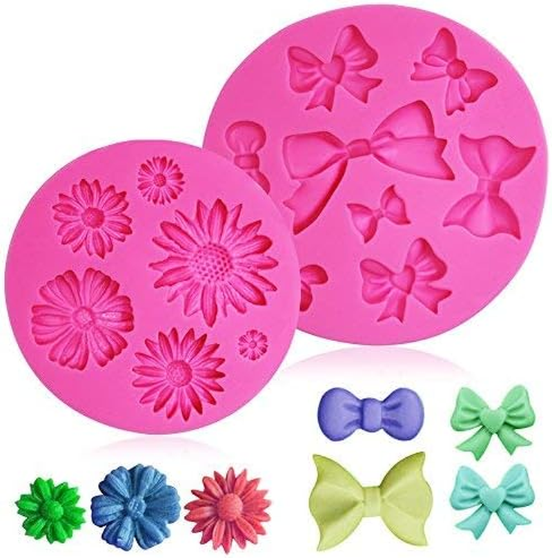 2 Pieces Decorative Silicone Molds, Chrysanthemum Flower and Bow Tie Shaped, Finegood Chocolate Fondant Clay Sugar Craft Soap Decoration Molds DIY Baking Cake Tool - Pink image number 4