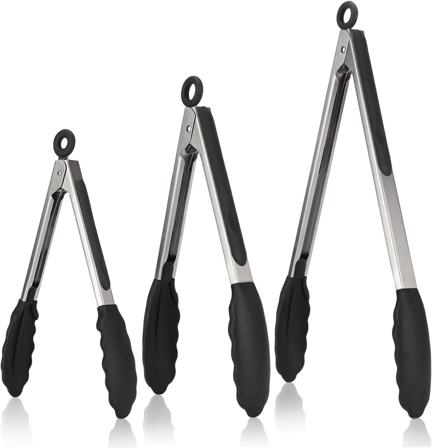 315℃ Heat Resistant Kitchen Tongs: U-Taste 18/8 Stainless Steel Cooking Tongs Set of 3, with Non-Stick Bpa-Free Silicone Tips, for Food Grill, Salad, BBQ, Frying, Serving, 18/23/30 Cm (Black) image number 5