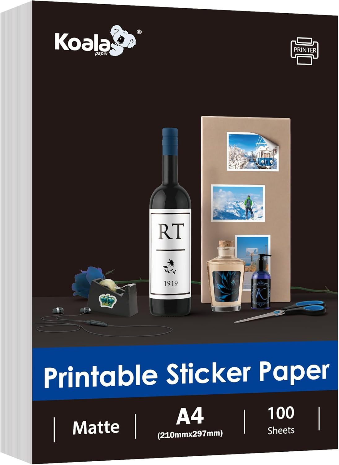 Koala 100 Sheets Sticker Paper Matte White, A4 Size Printable Full Sheet Label Paper for Inkjet Printers image number 5