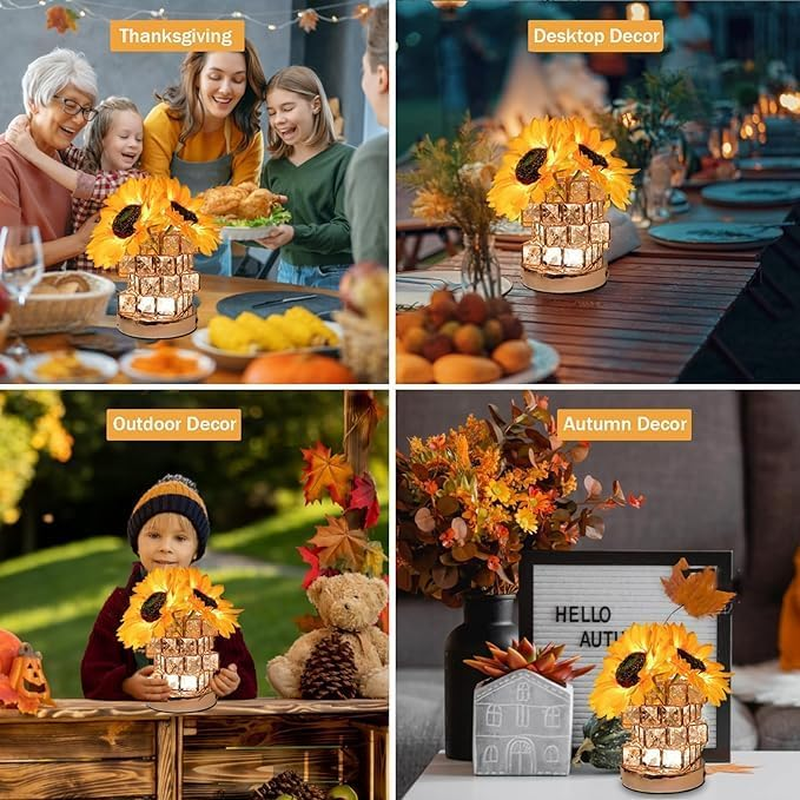 Sunflower Crystal Table Lamp, Dimmable LED Artificial Flower Lamp Touch Lamp with Cube Crystal Vase, USB Rechargeable Cordless Lamps for Bedroom, Living Room, Home Decoration image number 4