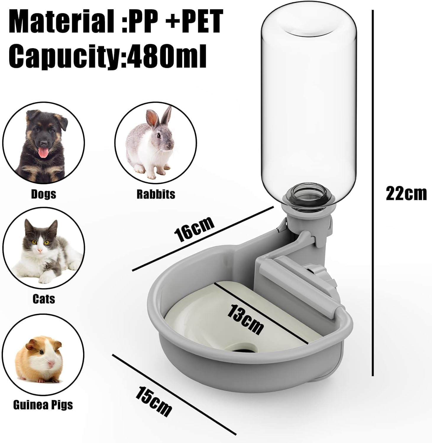 TOKAYIFE Pet Water Bottle [Grey, 480Ml] Cage Water Bottles for Rabbits, Dogs, Ferrets, Cats and Other Small Animals, Anti-Overflow Water Dispenser for Crate