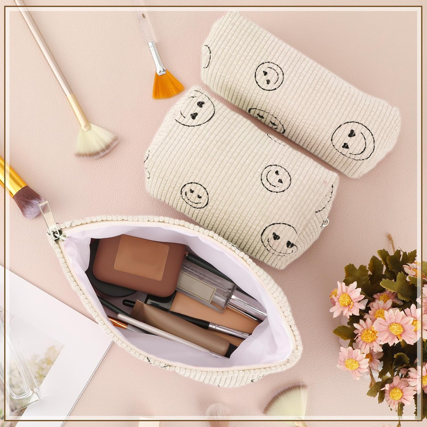 DUOMIAO 3 Pcs Makeup Bag Corduroy Cosmetic Bag Aesthetic Cute Preppy Makeup Bags for Women Smile Small Makeup Purse Pouch Travel Toiletry Bag Set Makeup Organizer with Zipper. (White Smlie) image number 4