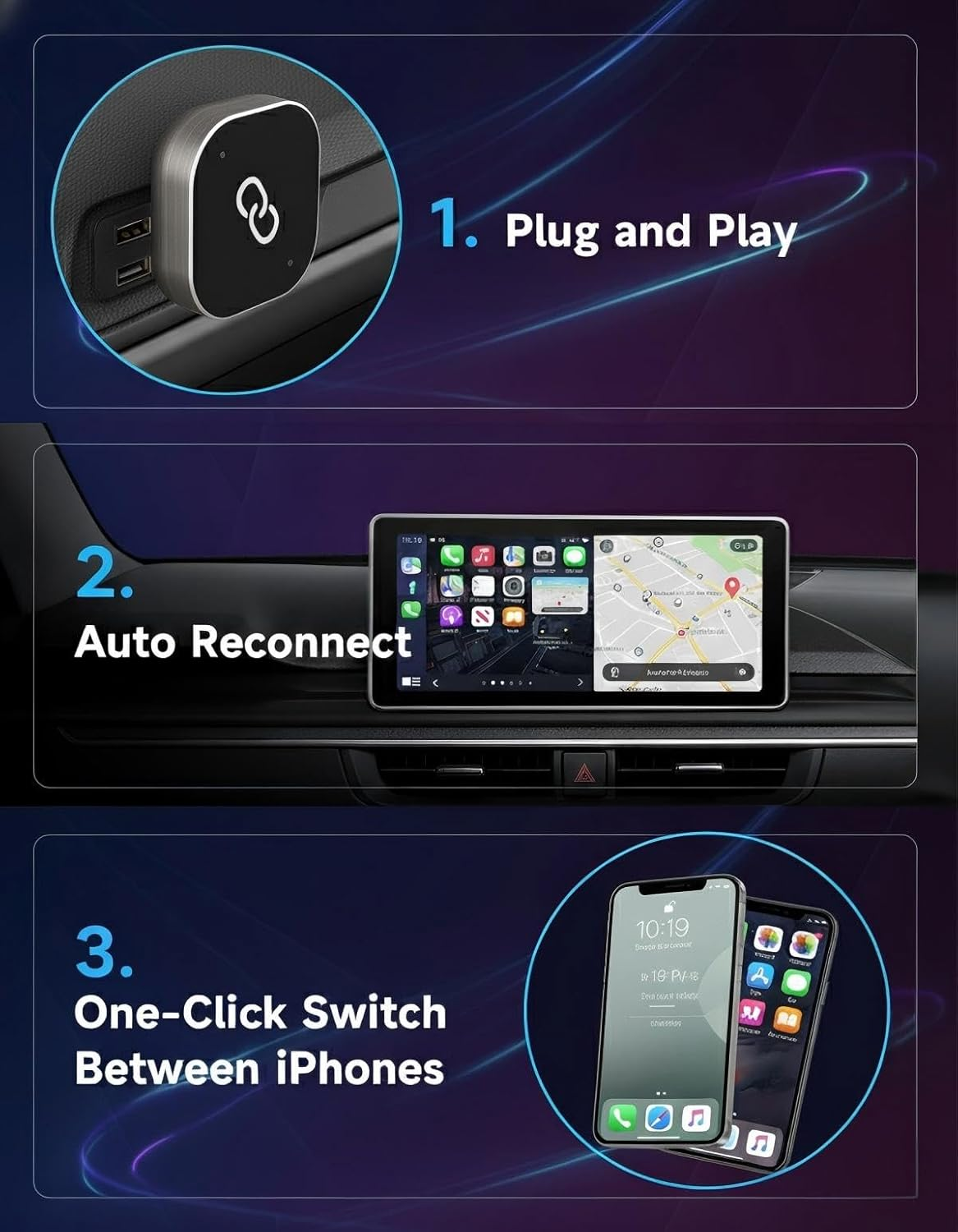 Wireless Carplay & Android Auto Adapter, Upgraded Mini USB/USB-C Plug & Play Bluetooth Dongle Converts Factory Wired to Wireless Carplay/Android Auto, Dual-Band Wifi, Stable Connection image number 2