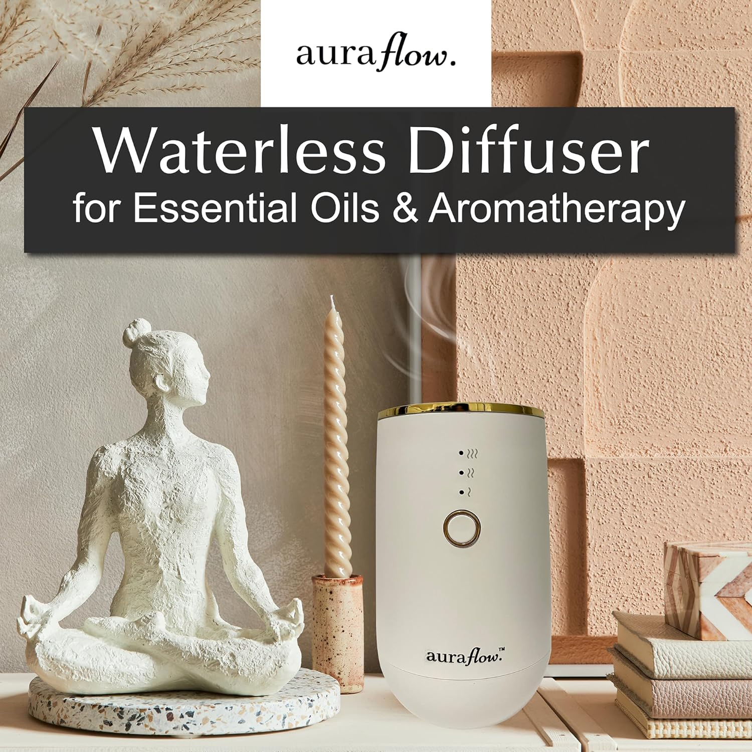 AURAFLOW [Australian Owned Small Business] Portable Waterless Essential Oil Aroma Diffuser for Home, Office, Bed, Car, Yoga, Sleep and Aromatherapy (White and Gold) image number 1