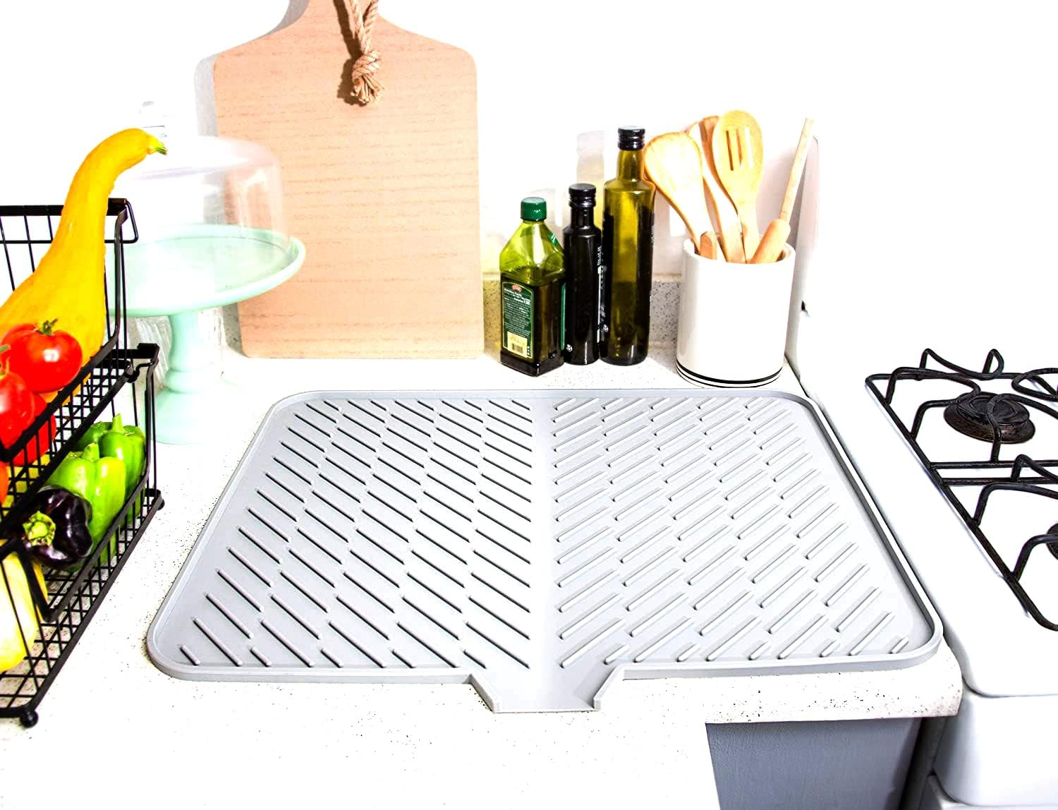 Luxet Silicone Dish Drying Mat with Built-In Drain Lip - Hygienic Drying Pad - Sturdy Compact Easy to Clean Tray Protects Surfaces Prevents Water Build up - 23 X 17 (White) image number 3