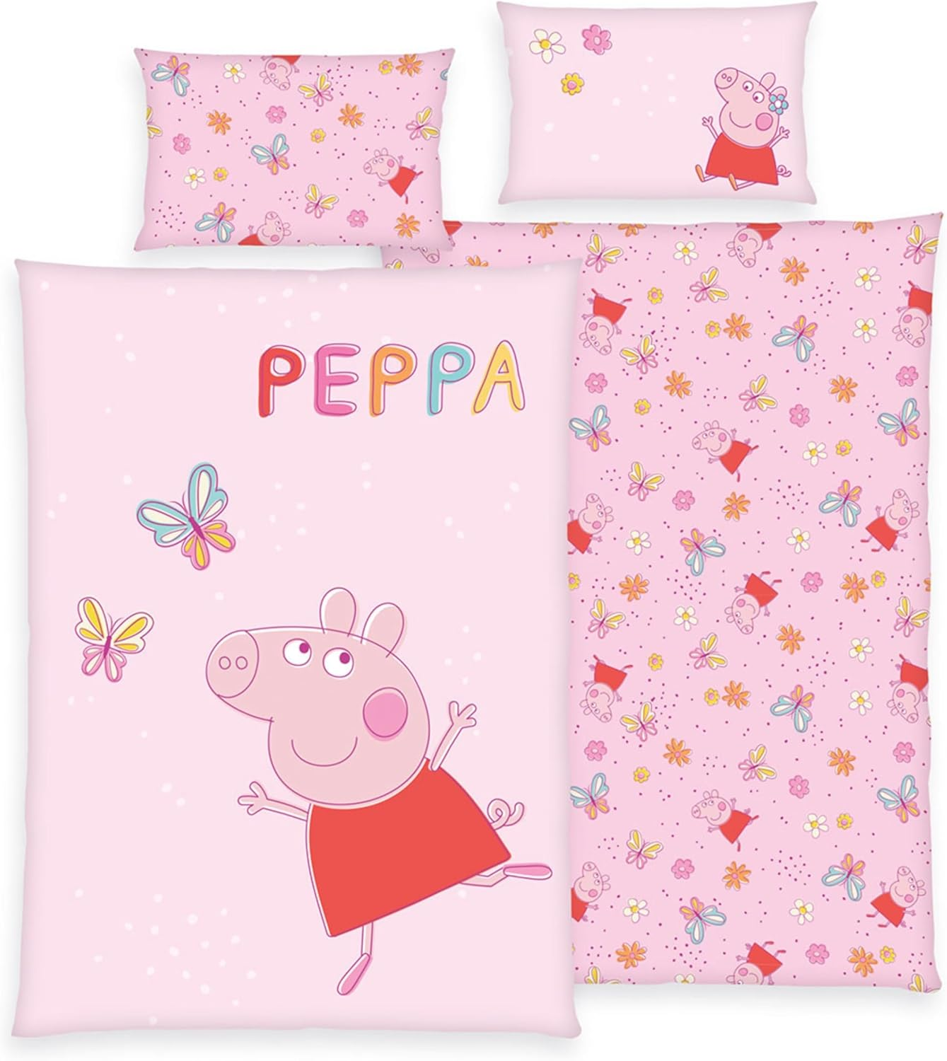 Peppa Pig Children'S Bedding Set, 100 X 135 Cm Duvet Cover + 40 X 60 Cm Pillowcase, Breathable Cotton, with Zip, Peppa Pig Butterfly in Pink, Gift Idea for Girls image number 4