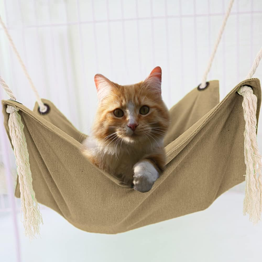 Breathable Pet Cage Hammock - Cat Hanging Bed with Metal Carabiners and Tassels, Suitable for Kittens, Rabbits, Small Dogs (Khaki) image number 3