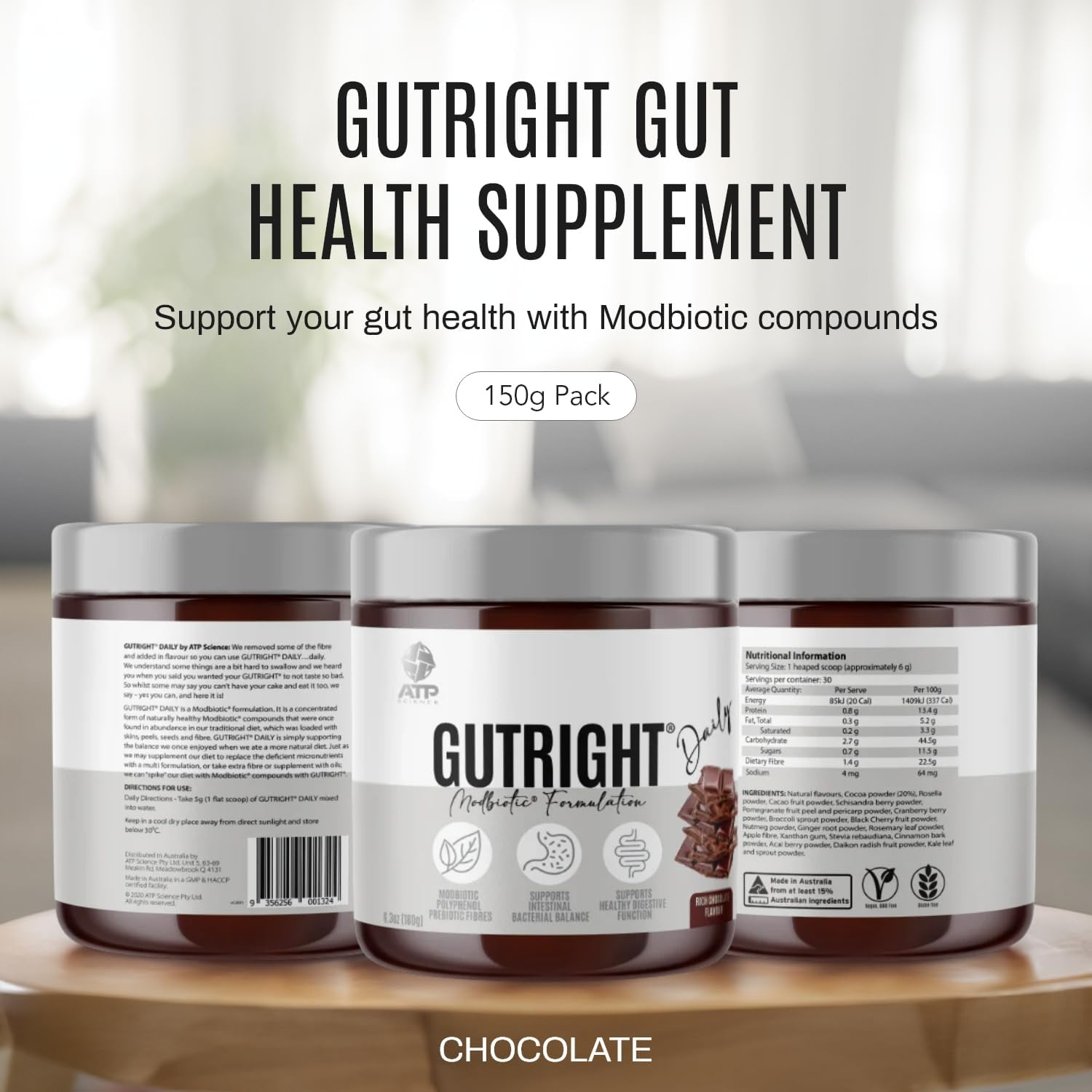 ATP Science Gutright&reg; Gut Daily Health Supplement, Modbiotic and Polyphenol Compounds for Better Gut Health, Digestion & Digestive Support, Plant-Based, Non-Gmo, Fibre, Flavour: Rich Chocolate, 150G image number 1