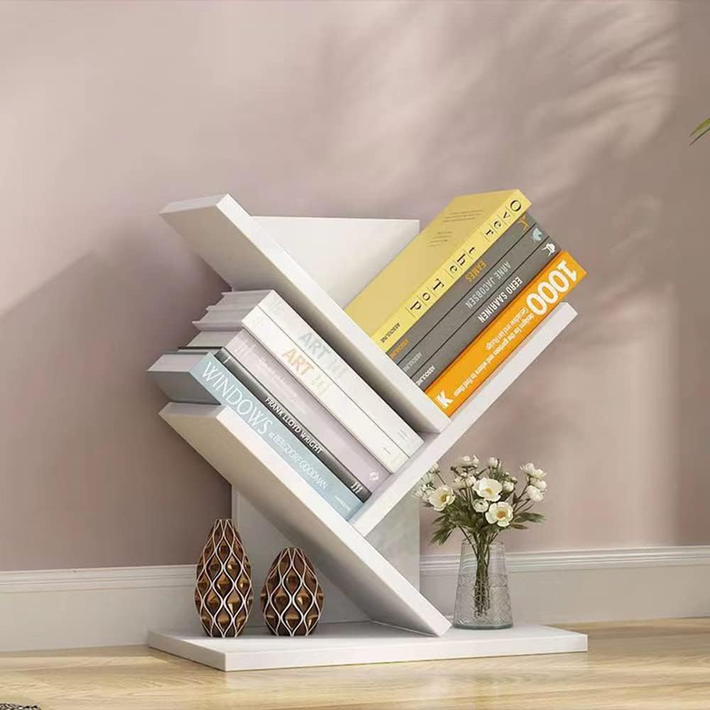 Hbluefat Book Tree Bookshelf, 3-Tier Wood Tree Small Bookcase for Desk Displaying Books, Cds, Magazines and More at Office, Home and School (White) image number 5