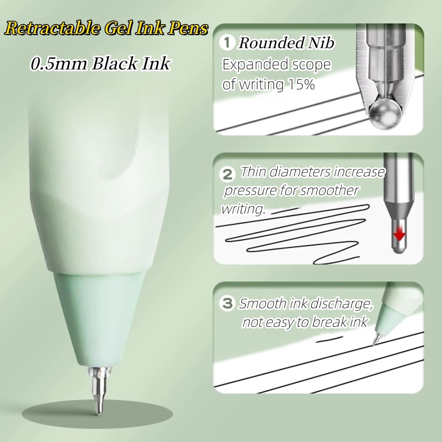 MAIHUO 5Pcs Green Gel Pens,Quick Drying Press Gel Pen,0.5Mm Black Ink Pens,Aesthetic Gradient Color Barrel,Green Stationary,Cute School Supplies - Colours image number 5