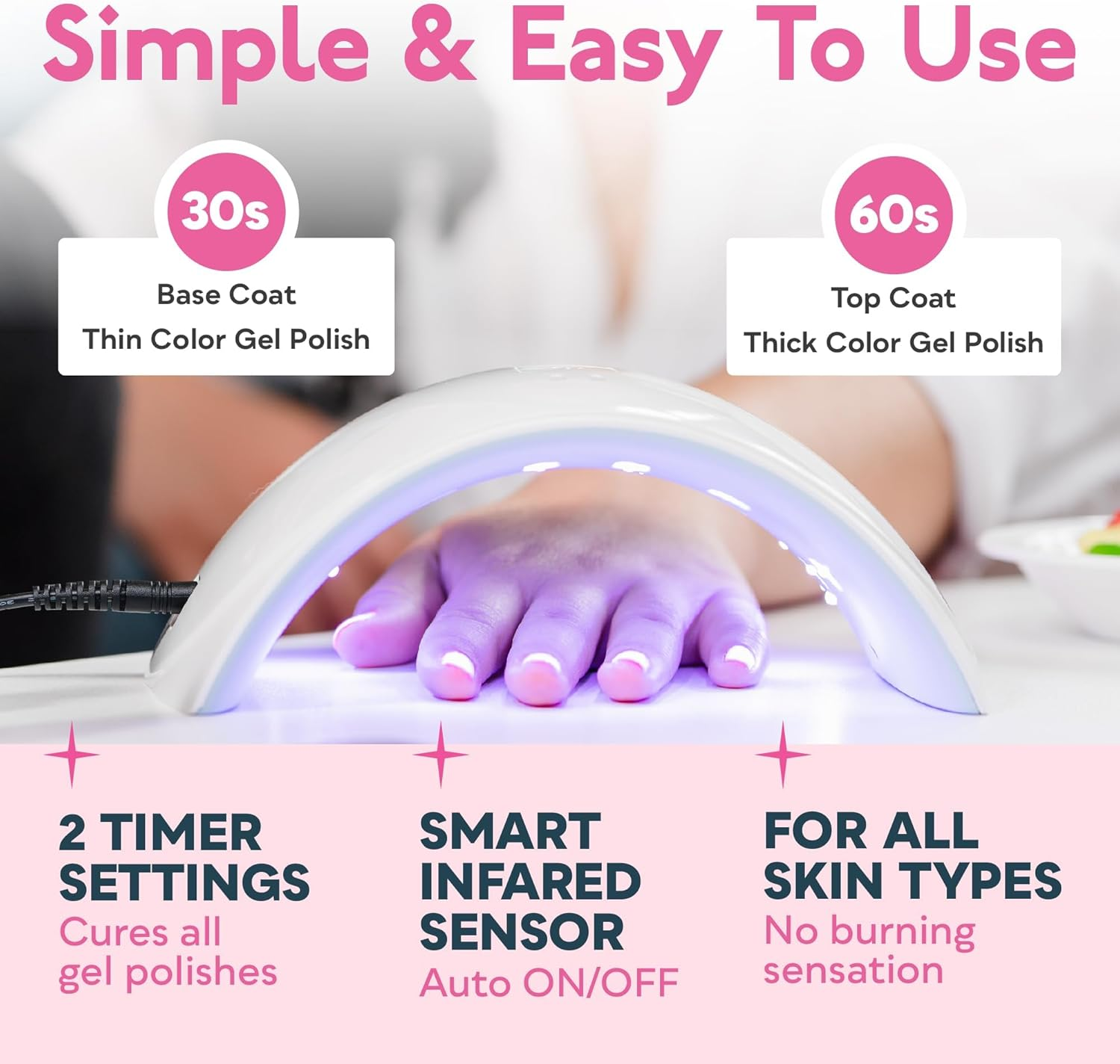 UV LED Nail Lamp - Nail Dryer for Gel Nail Polish UV Light for Nails with Sensor 2 Timers Pink for Women Girls image number 5