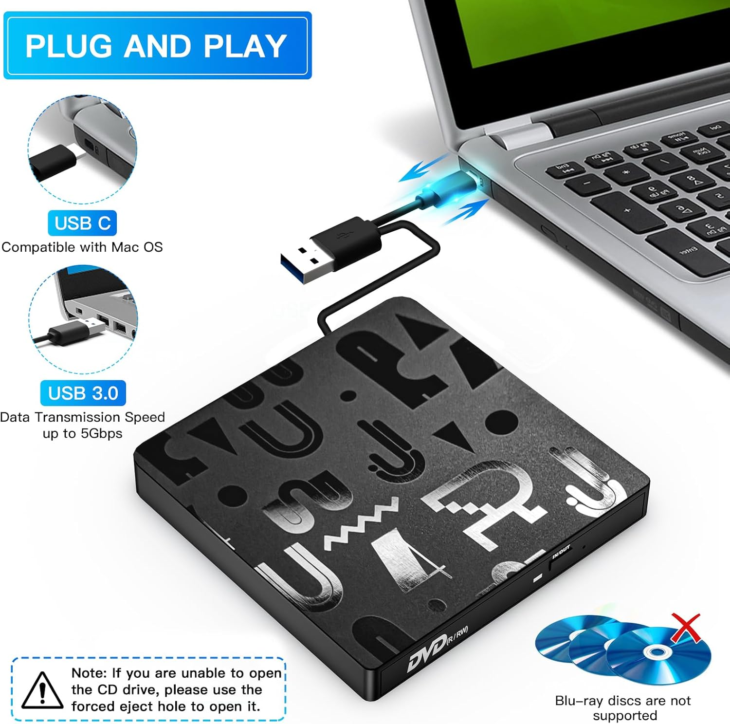 Bluefire USB C Laptop Drive, External CD DVD Drive, High Speed Data Transfer, Compatible with Window 11/10/8/7, Laptop, PC image number 3