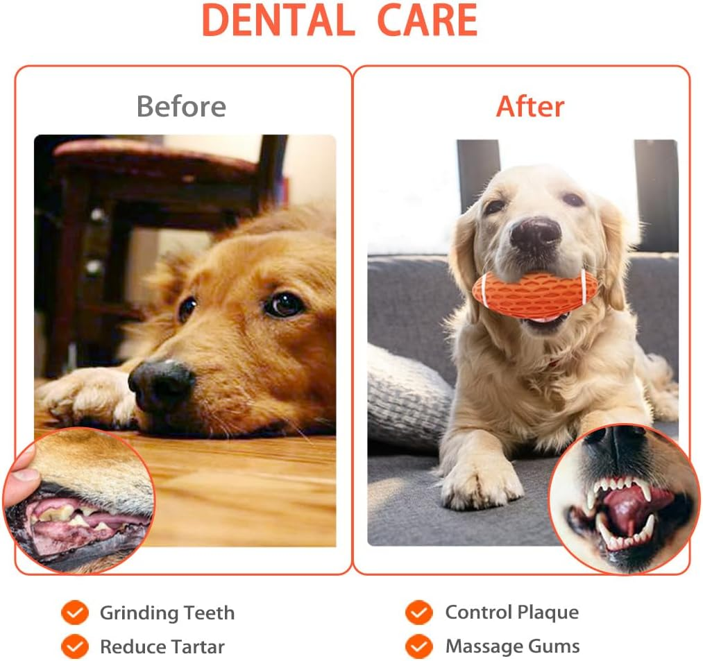 AUSCAT 2PCS Squeaky Dog Football Toy for Aggressive Chewers, Tough Rubber Dog Ball for Medium Large Dogs, Green and Orange, Large, 5.5"/14 Cm image number 1