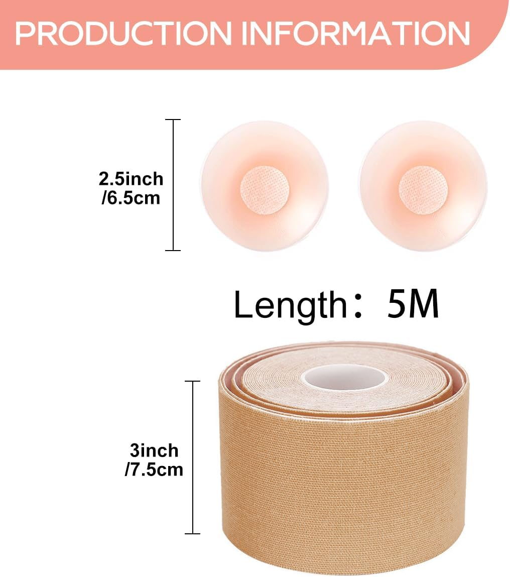 Boob Tape 2 & 3 Inch Boobtape Boobytape for Breast Lift,1 Roll 16 Ft Booby Tape for Bob Lift with 2 Pairs Breast round Adhesive Bra image number 4