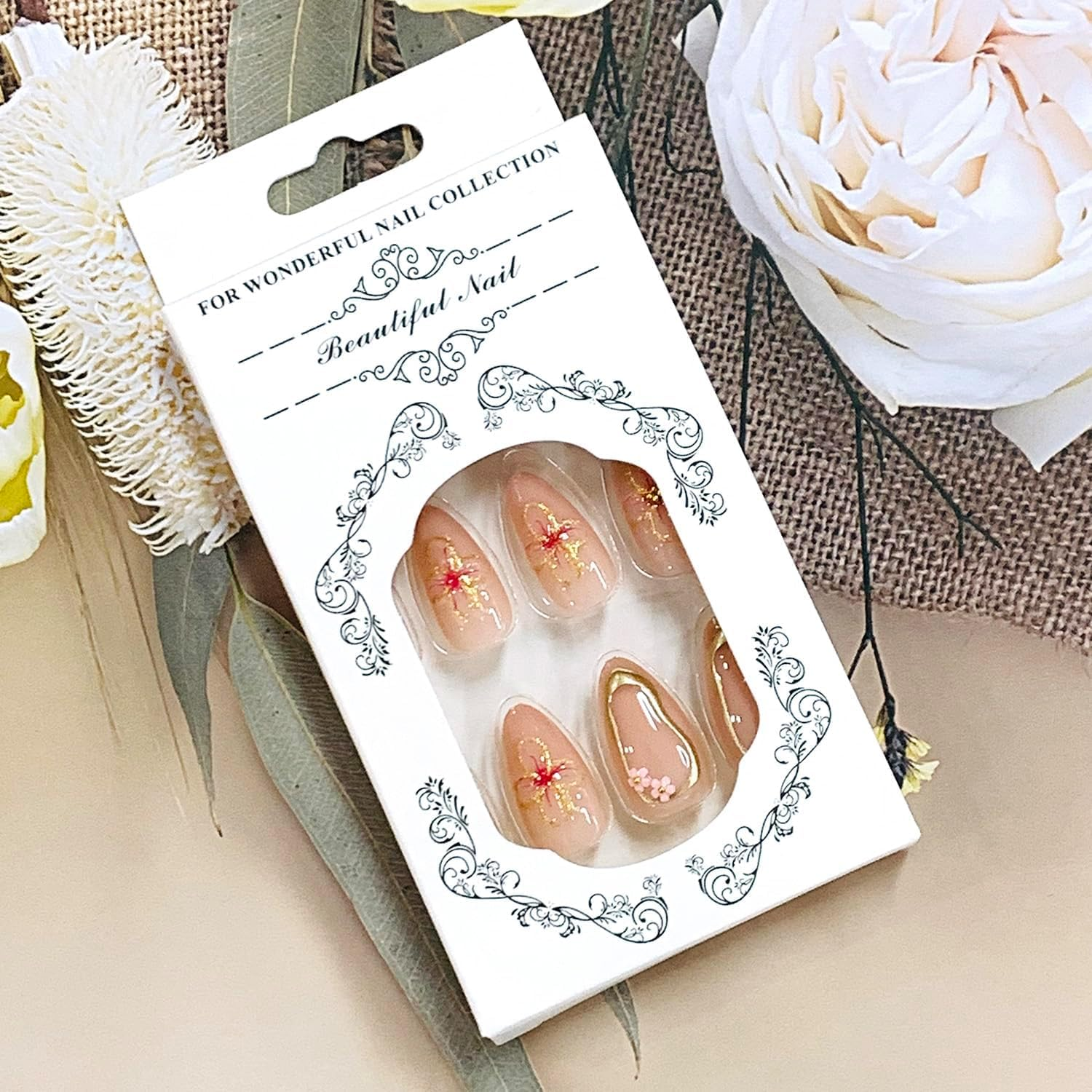 24 Pieces Press on Nails French Short Nails with Soft Gel Short Almond Nails Fake Nails with 3D Flowers & Pearls Adhesive Nails for Women