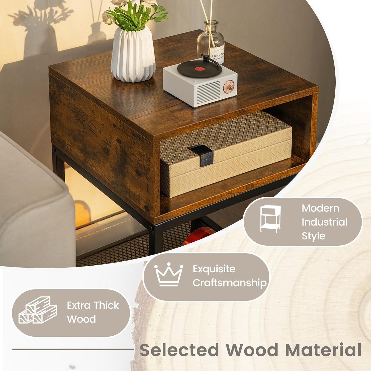 Costway End Table, 2-Tier Industrial Side Table with Mesh Storage Shelf, Stable Metal Frame, Adjustable Foot Pads, Nightstand Bedside Table for Living Room Bedroom Small Spaces image number 3