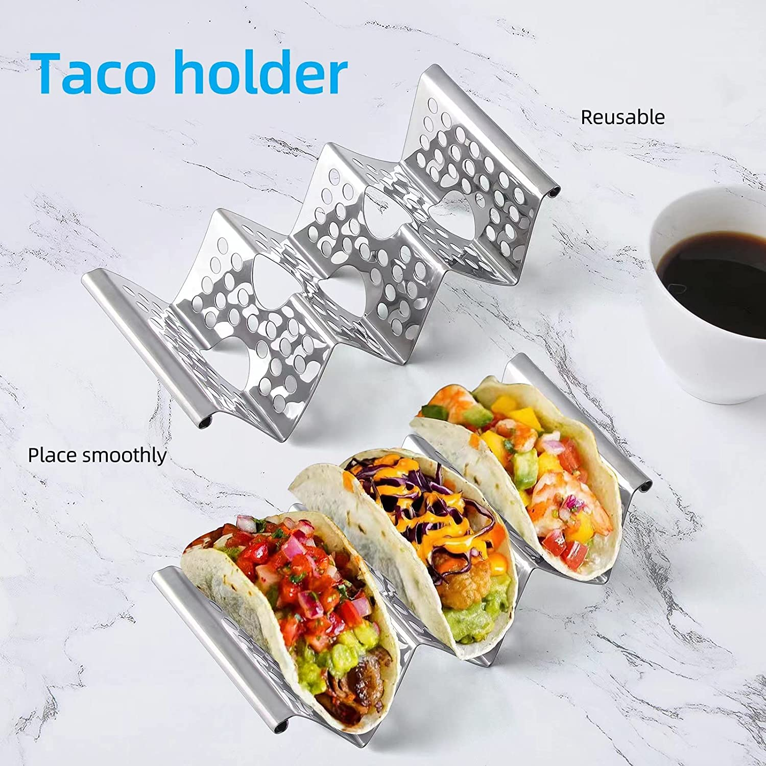 Chbuuero Taco Holders Set of 4, Taco Stand, Stainless Steel Taco Holder, Each Can Hold 3 Tortillas, with Easy-Access Handle, Fits Microwave, Air Fryer and Oven image number 5