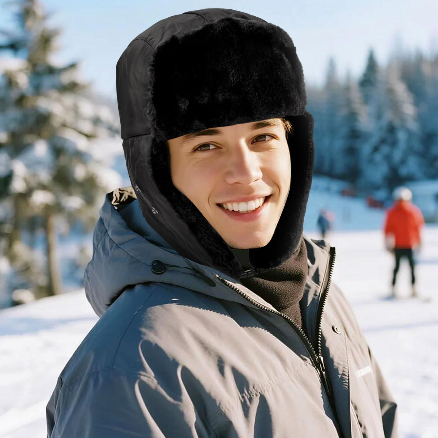 Trapper Hat Unisex Adult, Faux Fur Winter Warmer Windproof Bomber Hat, Russian Hat with Ear Flaps and Mask for Skating, Skiing, Hunting or Daily Use, Winter Hats for Men Women Black image number 1